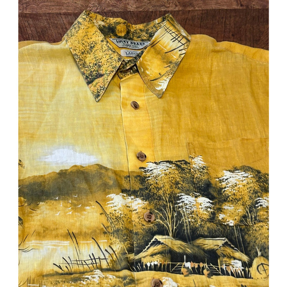 Lucky Brand Linen Button Up Shirt Mens L Yellow Island Vibe Short Sleeve Hut - Picture 4 of 11